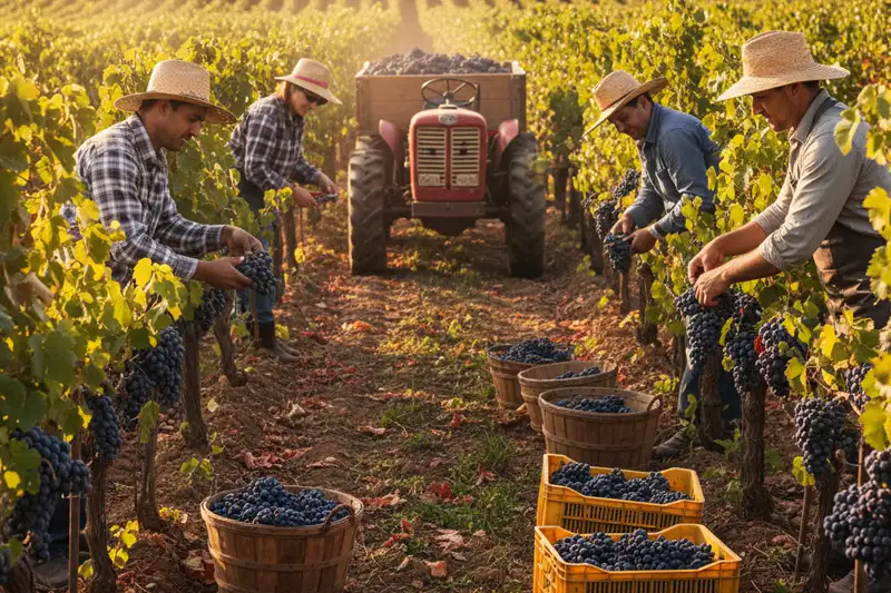 Syrah wijngaard tijdens de oogst met druivenranken en plukkers