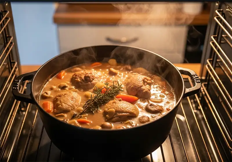 Romige coq au vin met paddenstoelen en verse kruiden