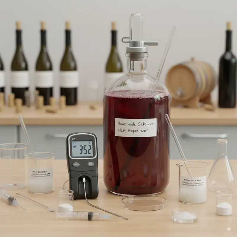 [Afbeelding: Laboratoriumopstelling met pH-meter, thermometer en MLF-bacteriën]